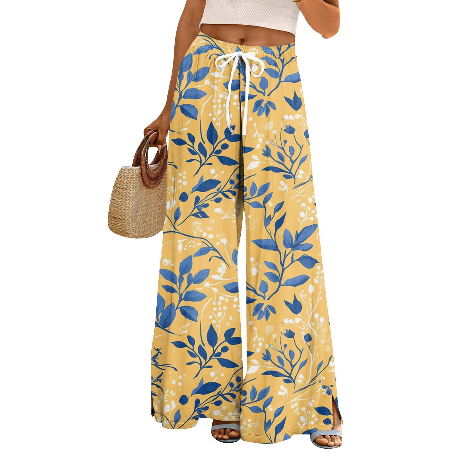 

Женские свободные повседневные брюки с цветочным принтом и широкими штанинами, с эластичной талией на кулиске и карманами XL жёлтый
