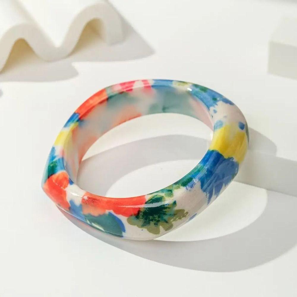 Bohemian Vintage Floral Resin Bangle Minority Design Flower Print Square Chunky Bangle Decoration
