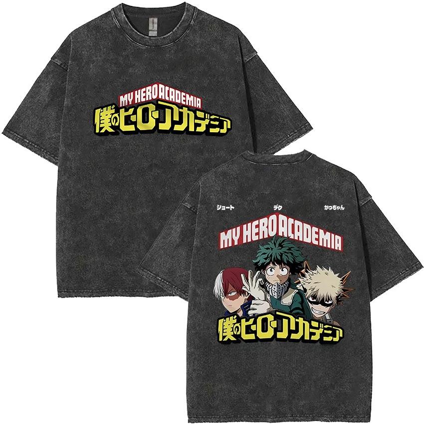 My Hero Academia T-shirt, Washed Tee With Deku, Bakugou & Todoroki Trio & Logo Double Sided Art Print, Oversized Streetwear