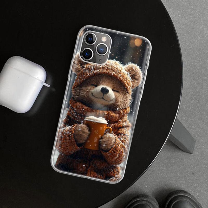 Animal Brown Cute Bear Phone Case Cover for iPhone 11 12 13 Mini 14 15 Plus 16 Pro Max 17 Air 7 8 + SE Art Customized Fundas 11