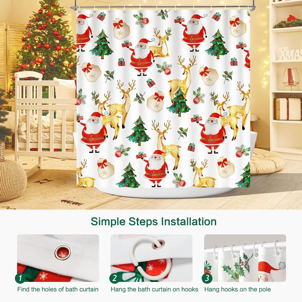 Christmas Shower Curtain Santa Claus Reindeer Tree Gift Design Holiday Theme Festive Decor Waterproof Fabric Xmas Bathroom