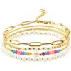 Dainty Gold Plated Pearl Crystal Beaded Bracelets Set for Women 14K Gold Plated Bead Pearl Beads Bracelet Stackable Paperclip Link Chain Bracelets