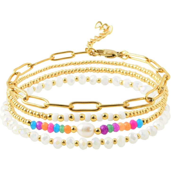 Dainty Gold Plated Pearl Crystal Beaded Bracelets Set for Women 14K Gold Plated Bead Pearl Beads Bracelet Stackable Paperclip Link Chain Bracelets