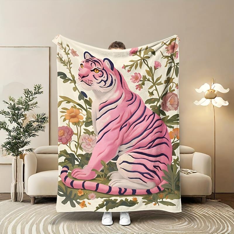 Luxury Pink Tiger Coral Floral Print Fleece Blanket Gsm Heavyweight AllSeason Soft Warm Throw for Bed Sofa Camping Of