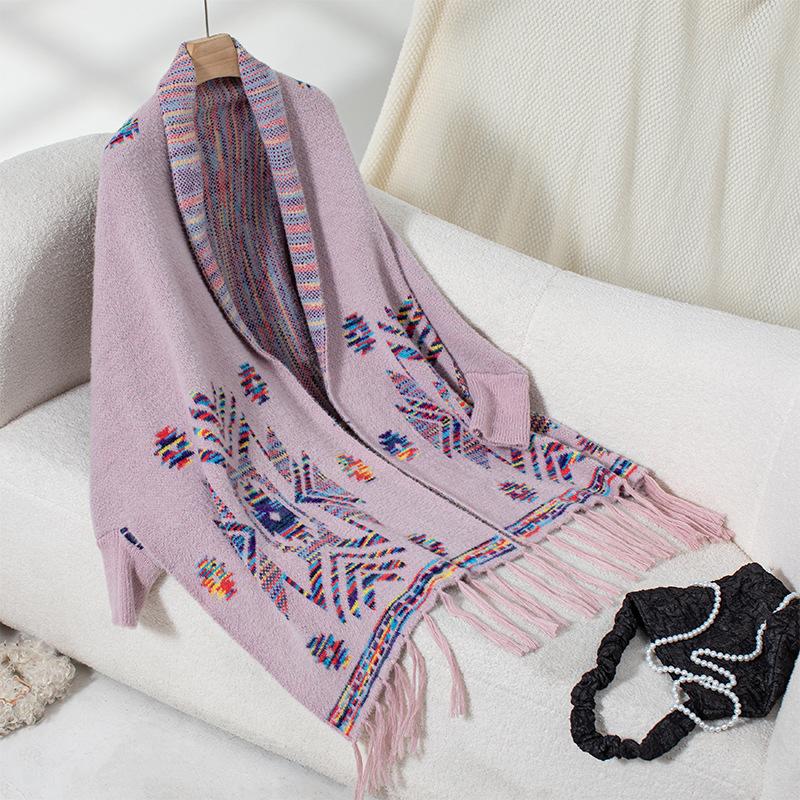 

Осень и зима Женский принт Свободный рукав летучая мышь Cross Border Плащ Кардиган Трикотаж Свитер с V-образным вырезом One Size розовый