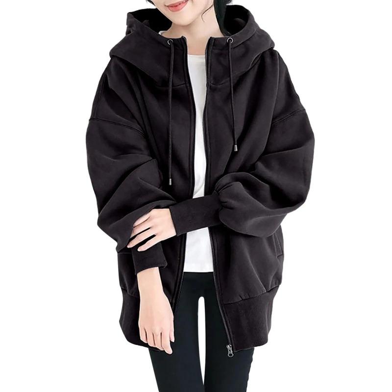 Women's Loose Long Sleeve Drawstring Sweatshirt Oversized Solid Color Zipper Hoodie  Mid-length Warmth Pocket Coat
