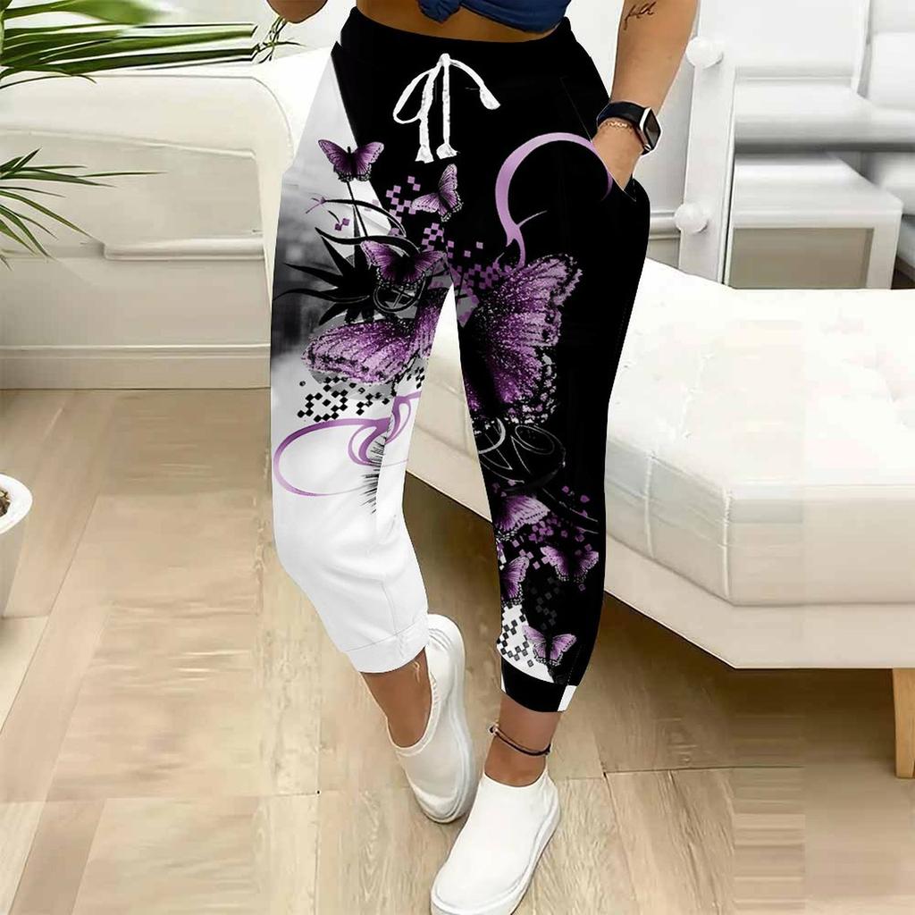 Summer Ladies Geometric Pattern Print Sweatpants Loose Fit Drawstring Joggers Elastic Cuff Daily Casual Pants