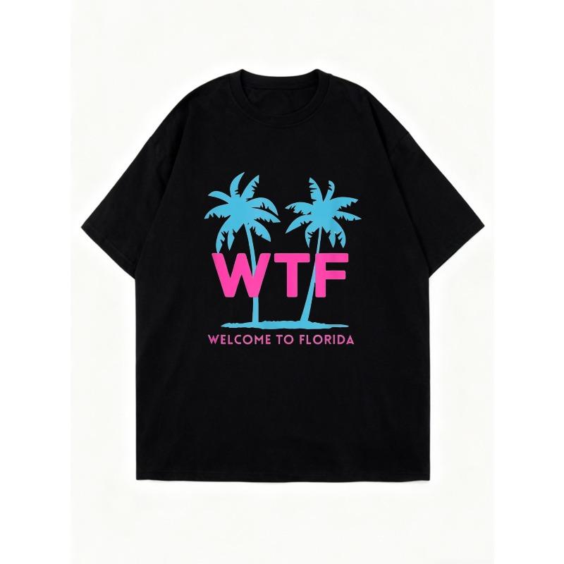 Oversized T Shirt Black Palm Trees And Wtf Welcome To Florida Print Casual Summer Wear