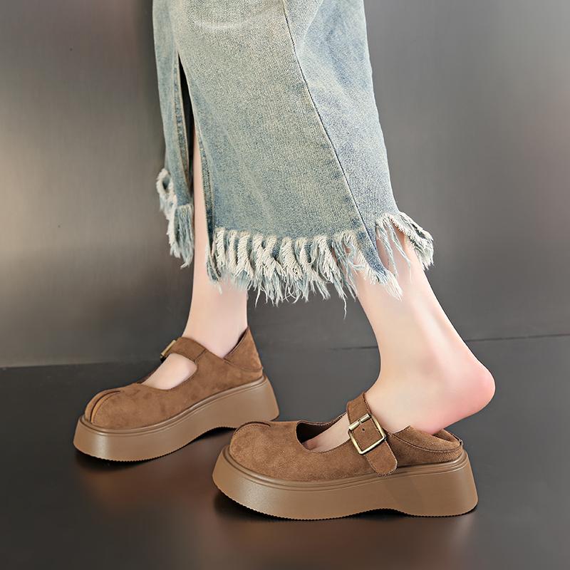 Fashion Women's Thick Sole Single Shoes Spring New Round Head Shallow Mouth Suede Metal Buckle Anti-slip Wear-resistant Low-top Shoes