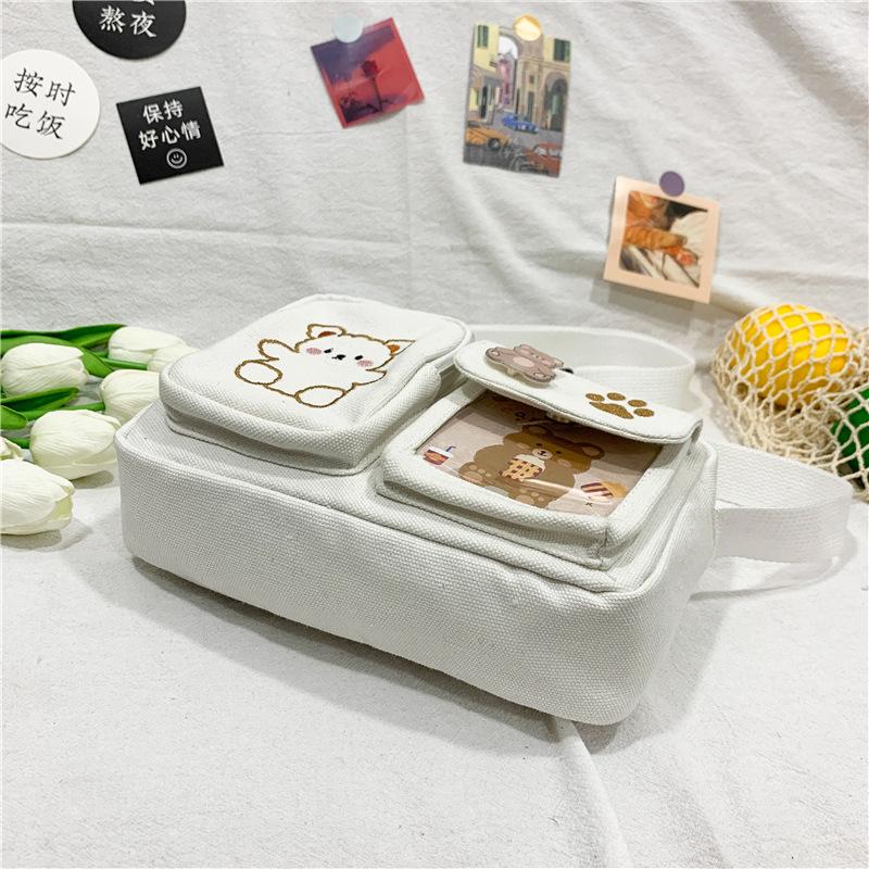 Fashion Canvas Small Bag Japanese Ins Women Shoulder Bag Cute Funny Personality Embroidery Bear Teenager Girl Student Transparent Messenger Bag