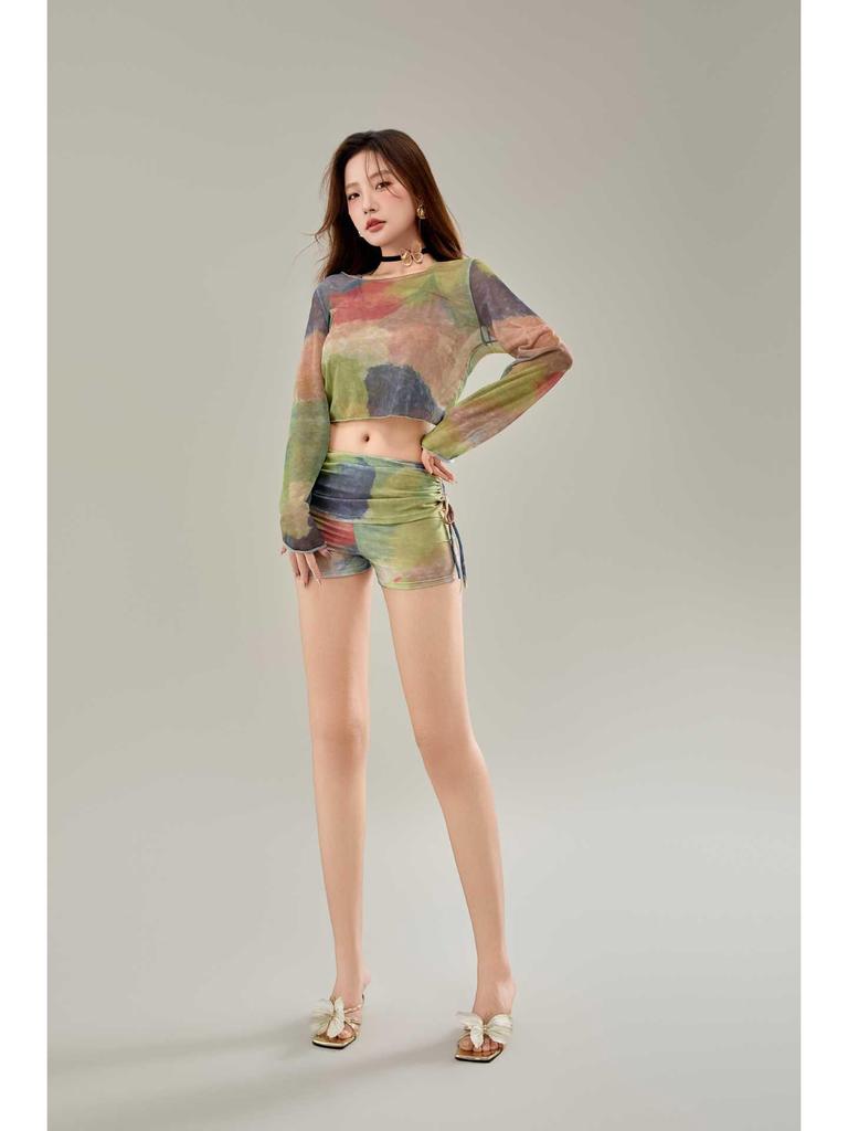 2025 Women's High-End Long Sleeve Swimsuit - Polyester Spandex, Flat Leg, Drawstring Beachwear for Vacations