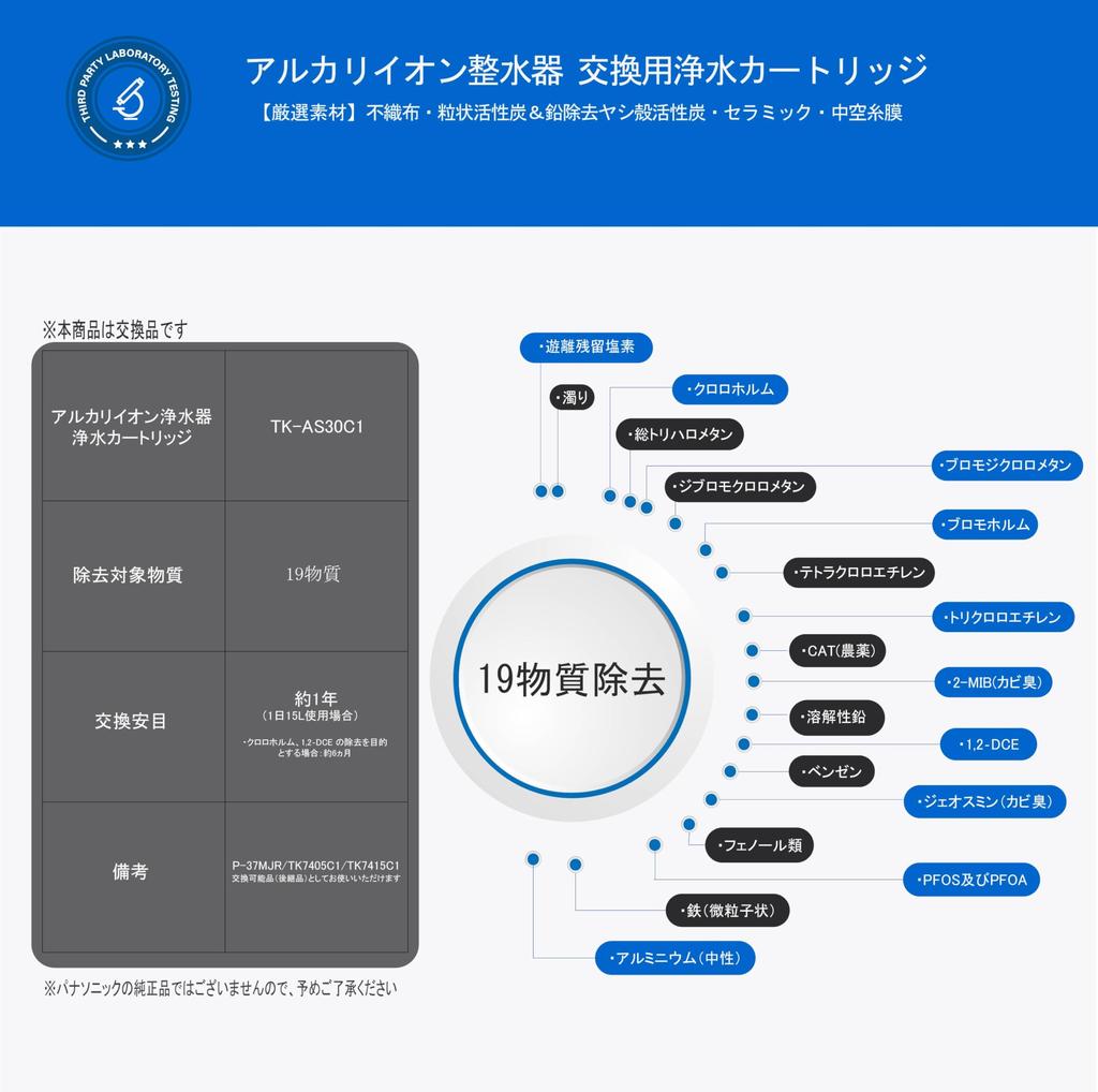 PENACOLI Panasonic Alkaline Ionized Water Purifier JIS Japan Quality Coconut Shell Activated 19 Substances Removal Type PFOS and Compatible with