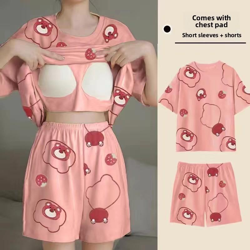 Cartoon Girl Summer Pajamas Set With Chest Padding For Sleep And Lounge Comfort