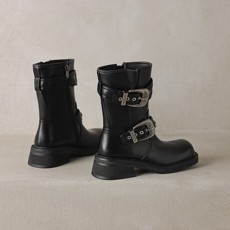 Krazing Pot Kravská kůže Čtvercová špička Zimní Střední podpatky Moderní Westernové boty Ženy Rockový styl Vintage Kovové zapínání Kotníkové boty
