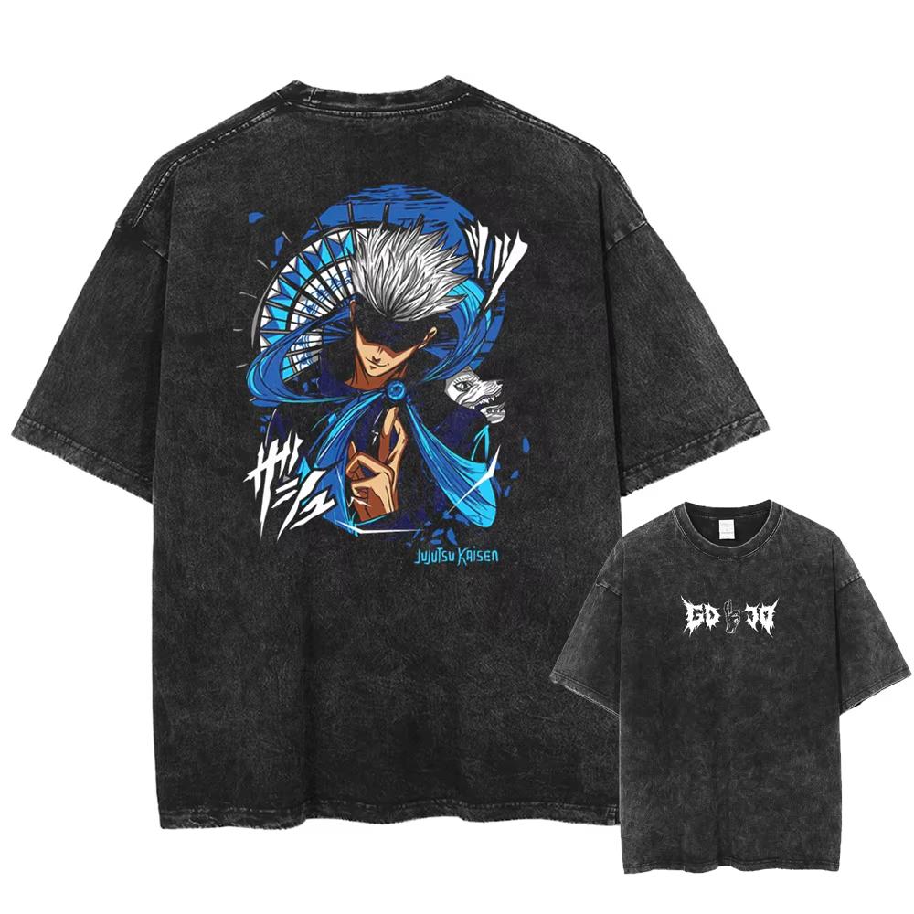 Japan Anime Jujutsu Kaisen Gojo Satoru Print Washed Tshirt Men Pure Cotton Tshirts Manga Casual T Shirt Harajuku Top Streetwear