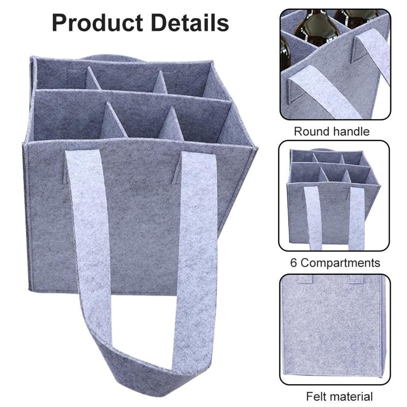 Portable Felt Wine Carrier Bag for 6 Bottles with Divider, Reusable Wine Tote with Handle, Grey Wine Bottle Holder for Travel