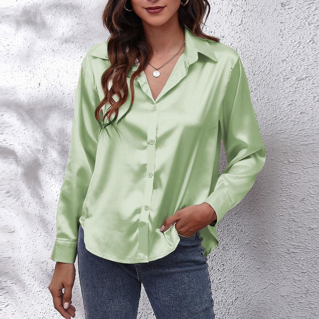 Modisches, lässiges Damen-Hemdoberteil mit V-Ausschnitt und einfarbigen Knöpfen aus Satin-Seidenimitat mit langen Ärmeln