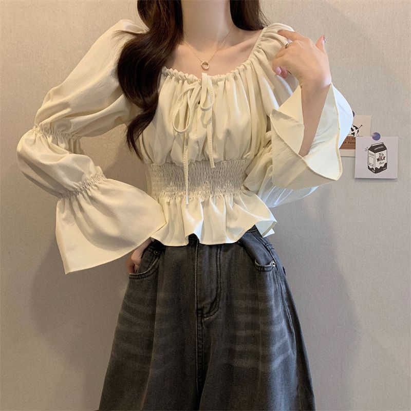 

Рубашка во французском стиле, нишевый темперамент, ключицы, нежный стиль, приталенная талия, оборка по краю, рубашка-топ XL абрикосовый