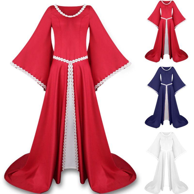 2020wish Foreign Trade European and American Medieval Retro Hood Dress Square Collar Lace-up Bell Sleeve Swing Skirt