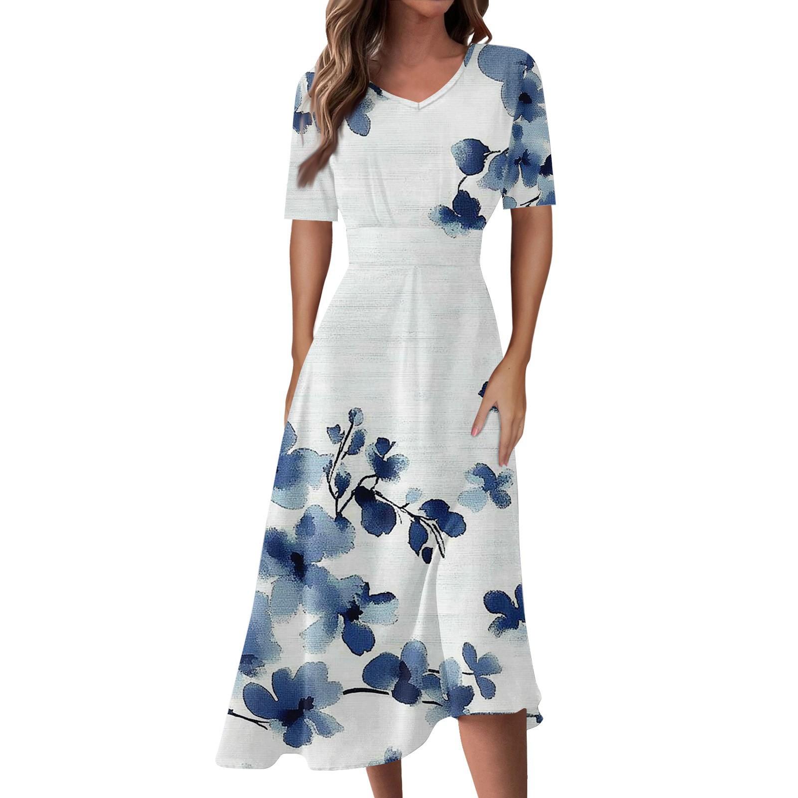 

Женская повседневная мода Цветочный (лист) Платье-халат с принтом, V-образным вырезом, короткими рукавами и длинной юбкой-халат L синий