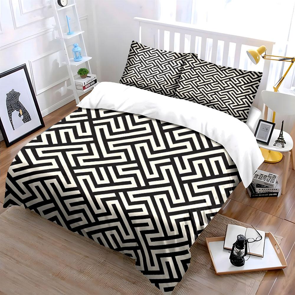 Op Art Black White Geometric Maze Pattern Bedding Set For Kids Luxury Gift 3Pcs Digital Print Comforter Set Soft Comfortable