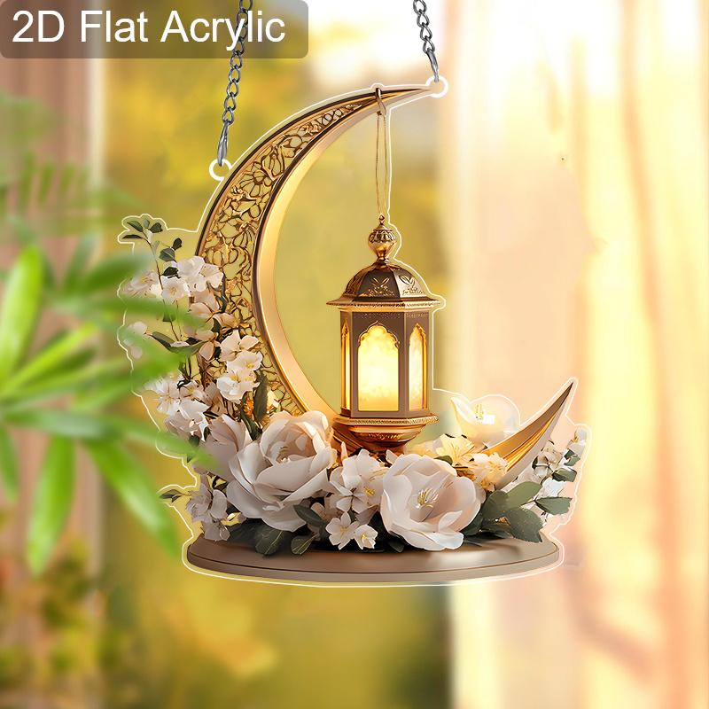 Acrylic Ramadan Crescent Moon Floral Lantern Suncatcher Stained Glass Effect Window Hanging Ornament Muslim Holiday Gifts