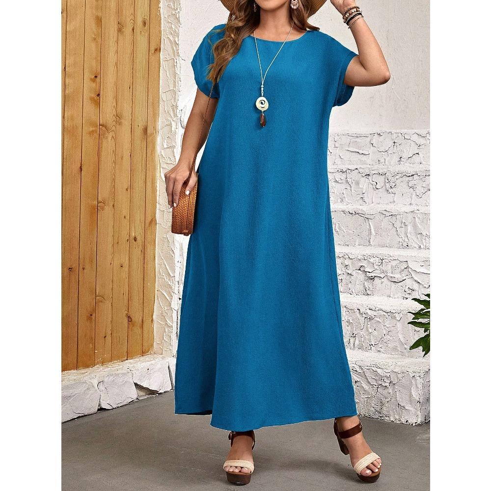 Plus Size Women Summer Casual Floral Print Round Neck Short Sleeve Loose Fit Long Dress