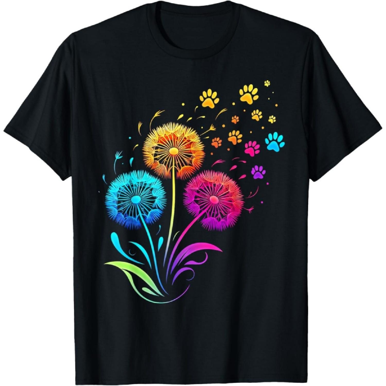 Cute Dog Paw Sunflower Dandelion Colorful Flowers Dog Paw T-Shirt for Men Women Girls Kids S