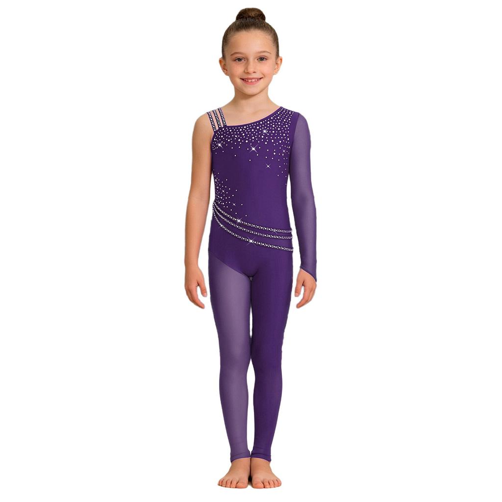 Girls Figure Skating Gymnastics Jumpsuit Asymmetrical Design Back Invisible Zipper Mesh Patchwork Sparkly Rhinestones Bodysuit for Competition