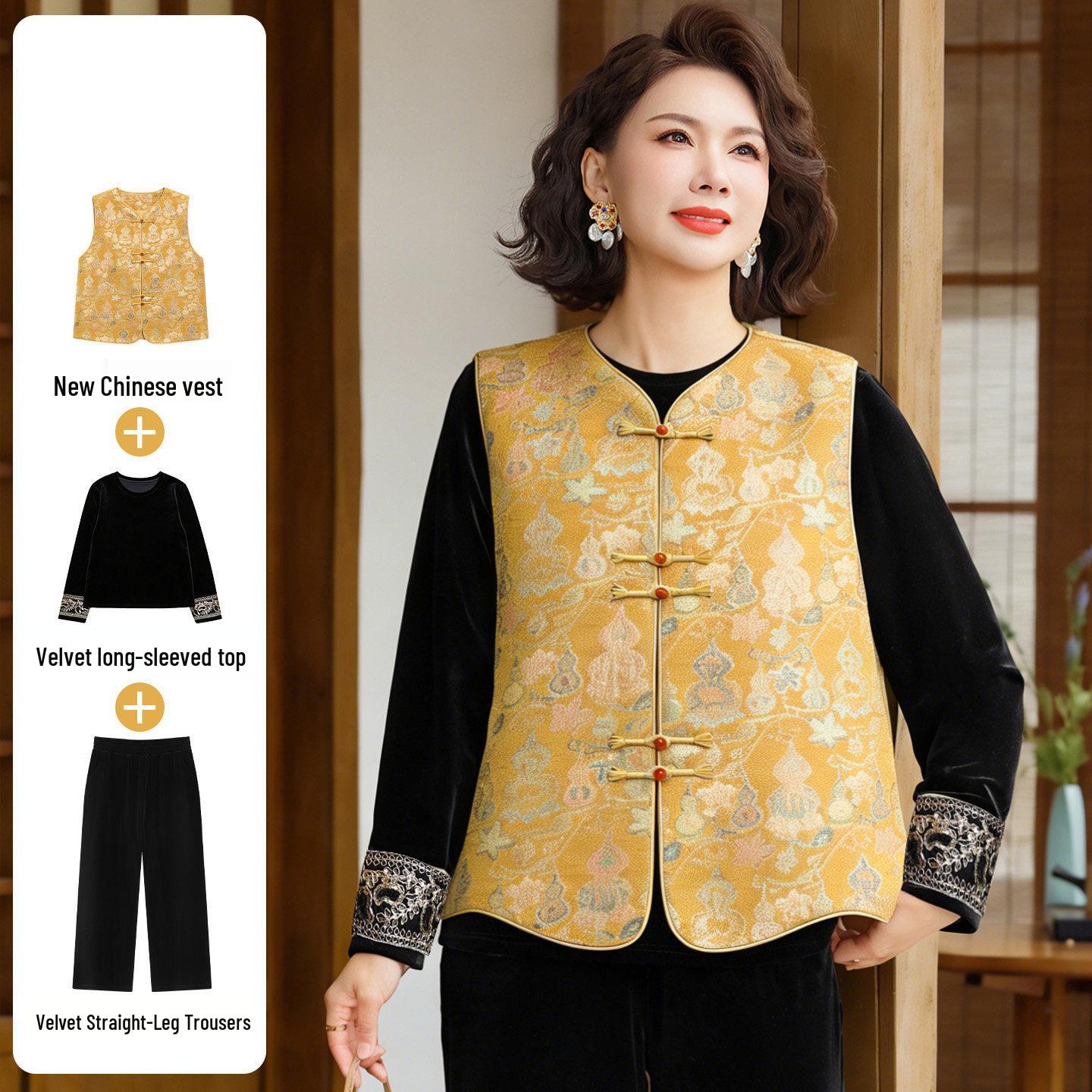 

Elegant Gold Velvet Three-Piece Set: National Style Spring Vest Jacket for Middle-Aged and Elderly Women 4XL (135-150 Jin)