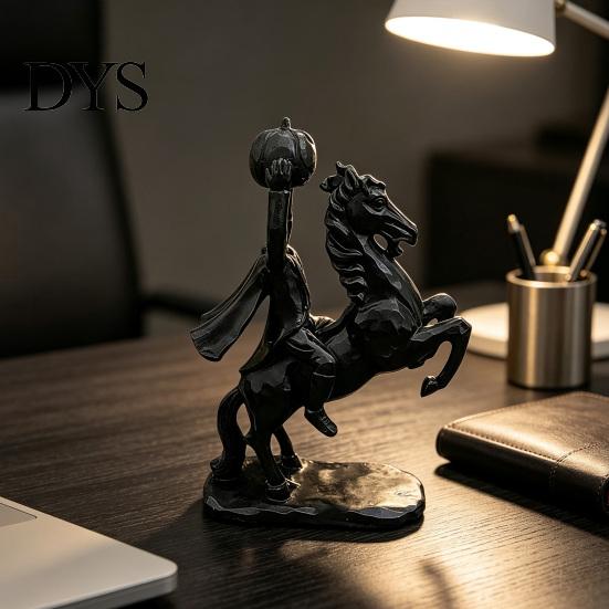 Unique Dark Atmosphere Ornaments Headless Horseman Holding Pumpkin Statue, Matte Black Halloween Resin Figurine, Spooky Table Centerpiece Gothic