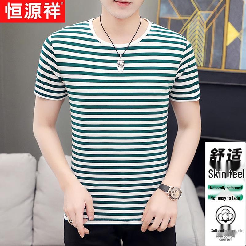Hengyuanxiang Men's Striped Round Neck T-Shirt