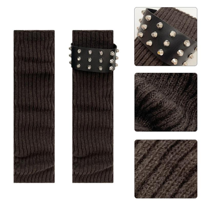 Gothic Punk Ribbed Knit Leg Warmer Sleeve with Metal Rivets Leather Belt Motorcycle Boot Covers Footless Socks for Women