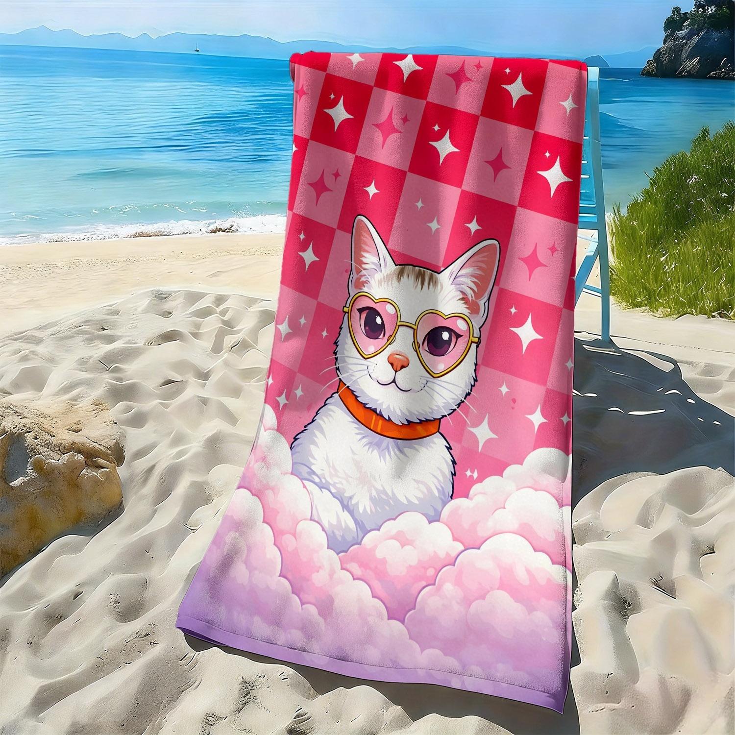 

Pink checkered and star cat pattern polyester microfiber beach towel is highly absorbent suitable for swimming and beach outings W40*H60(CM)