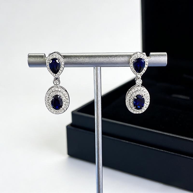 Luoxi Temple S925 Silver Pigeon Blood Red Blue Sapphire Earrings for Women - Pear-shaped Oval 5*7mm