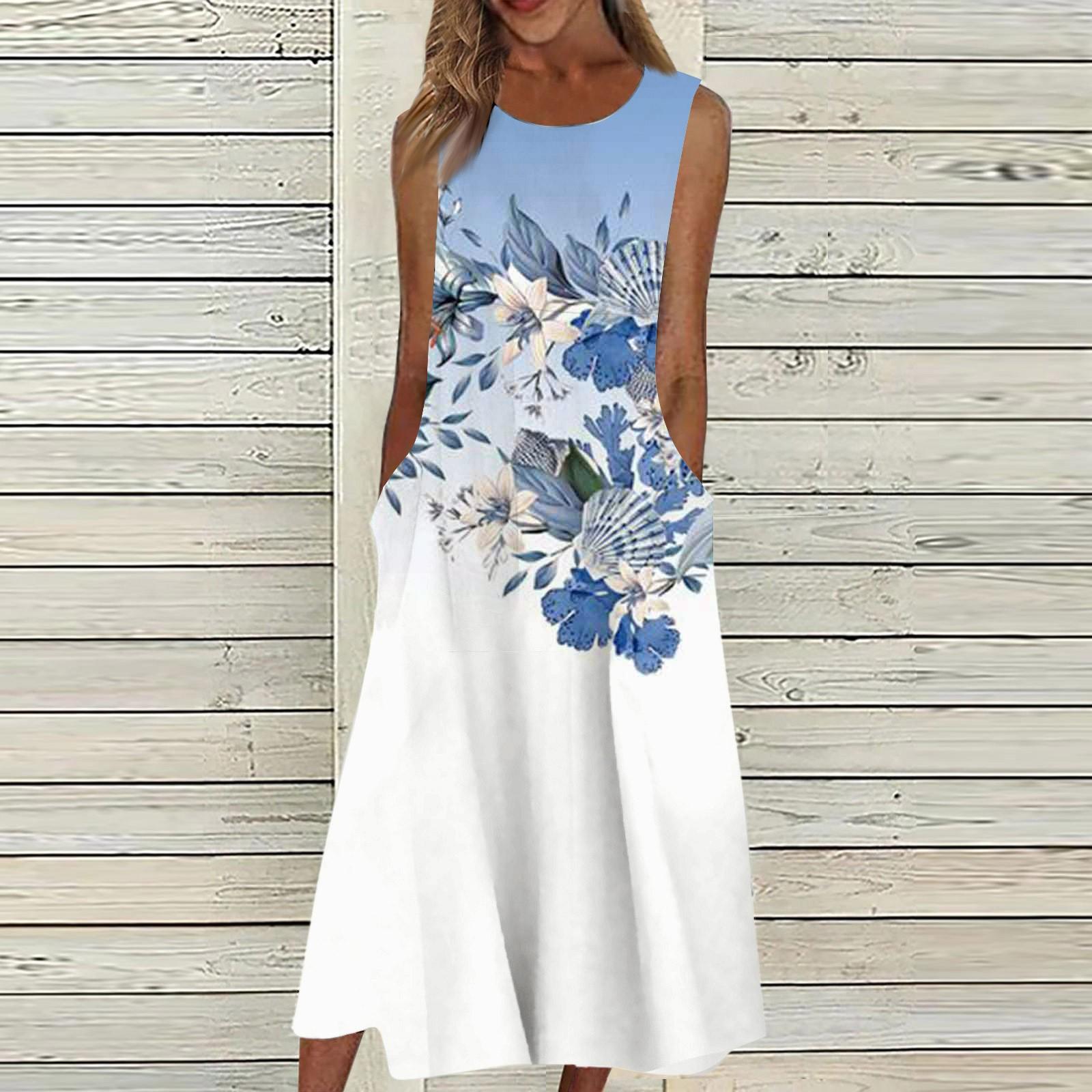 

Жен. Повседневные платья с принтом Круглый вырез Классический Классический На открытом воздухе Повседневные Без рукавов Свободные платья L синий