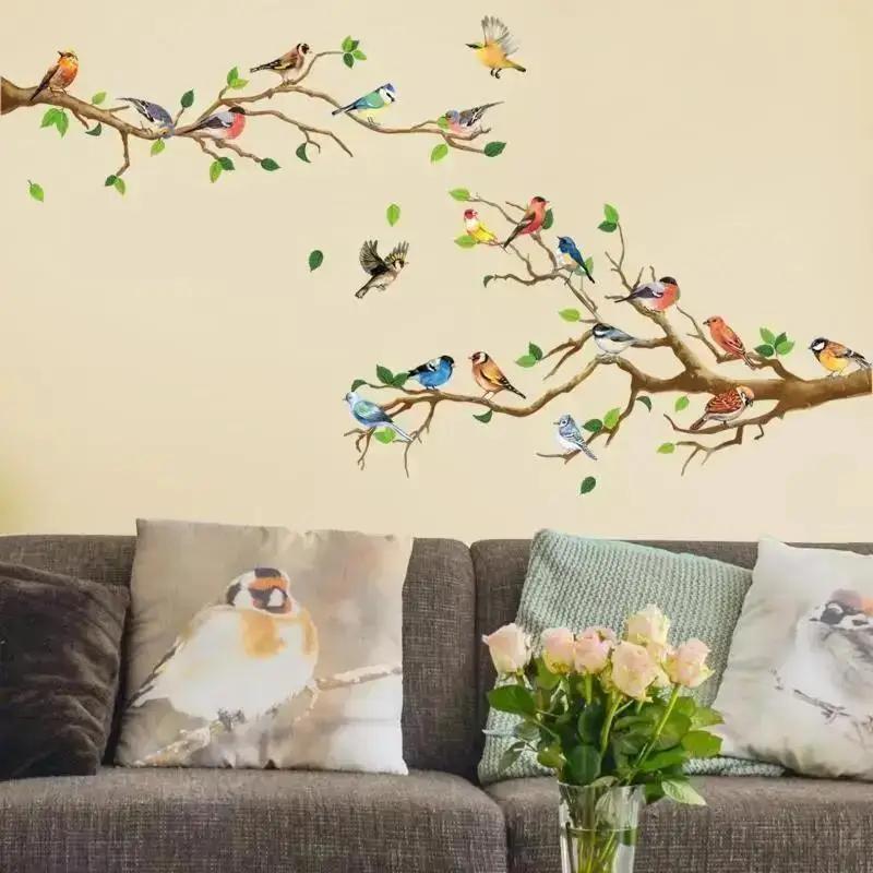 Creative Chinese Style Vintage Bird Sticker Living Room Sofa Wall Decor Stickers Mural Art 3D Tree Branch Green Leaves Stikers