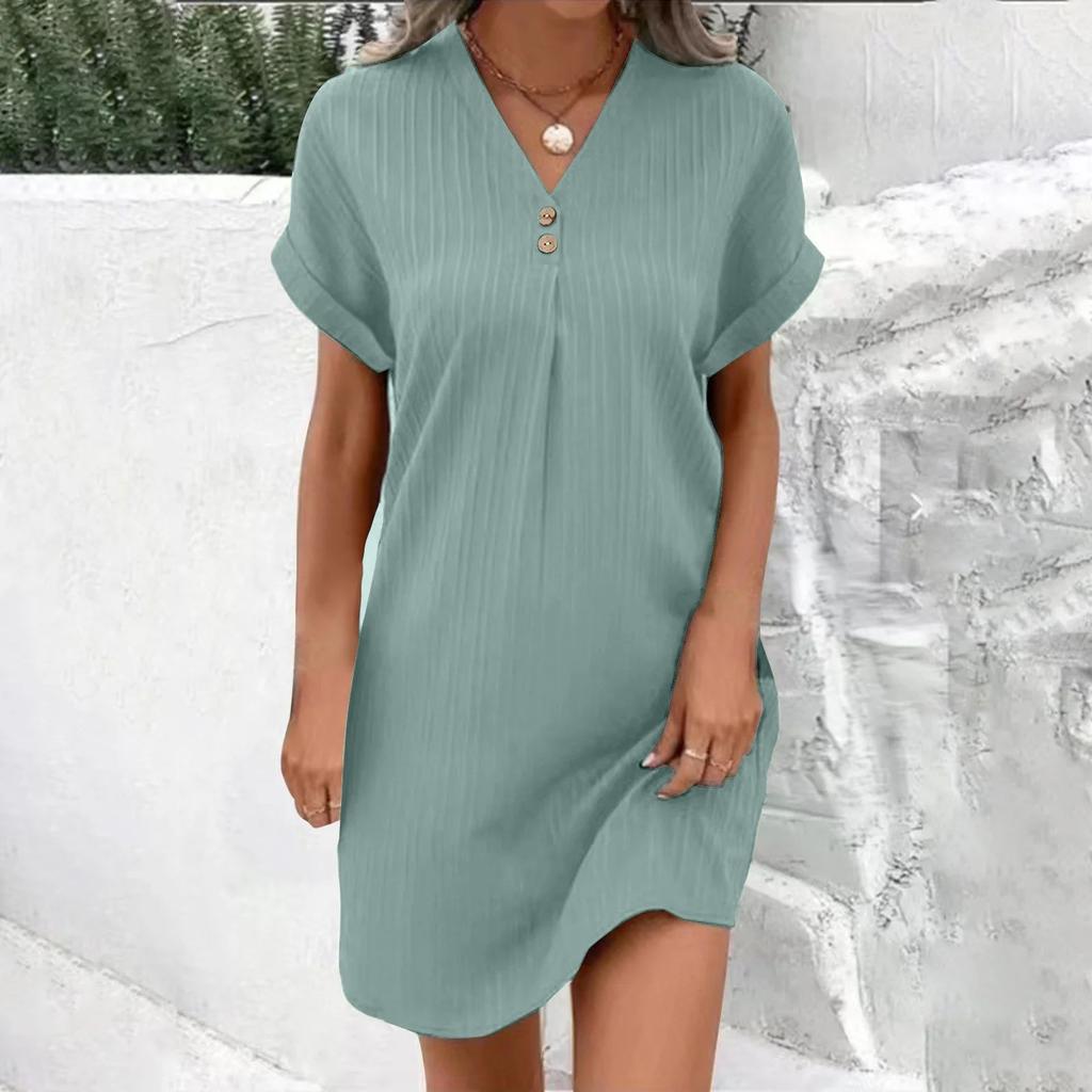 Women's New Short Sleeve V-neck Solid Color Pullover Comfortable Casual Button Dress