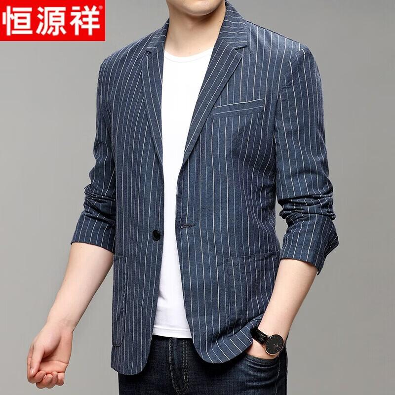 Hengyuanxiang Men s Striped Cotton Linen Casual Blazer M