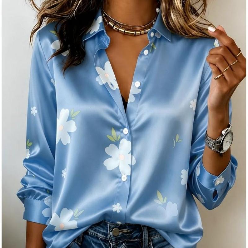 Dames satijnen shirt met lange mouwen, witte bloemenprint blouse, revers, enkele rij knopen, losse kantoor tops