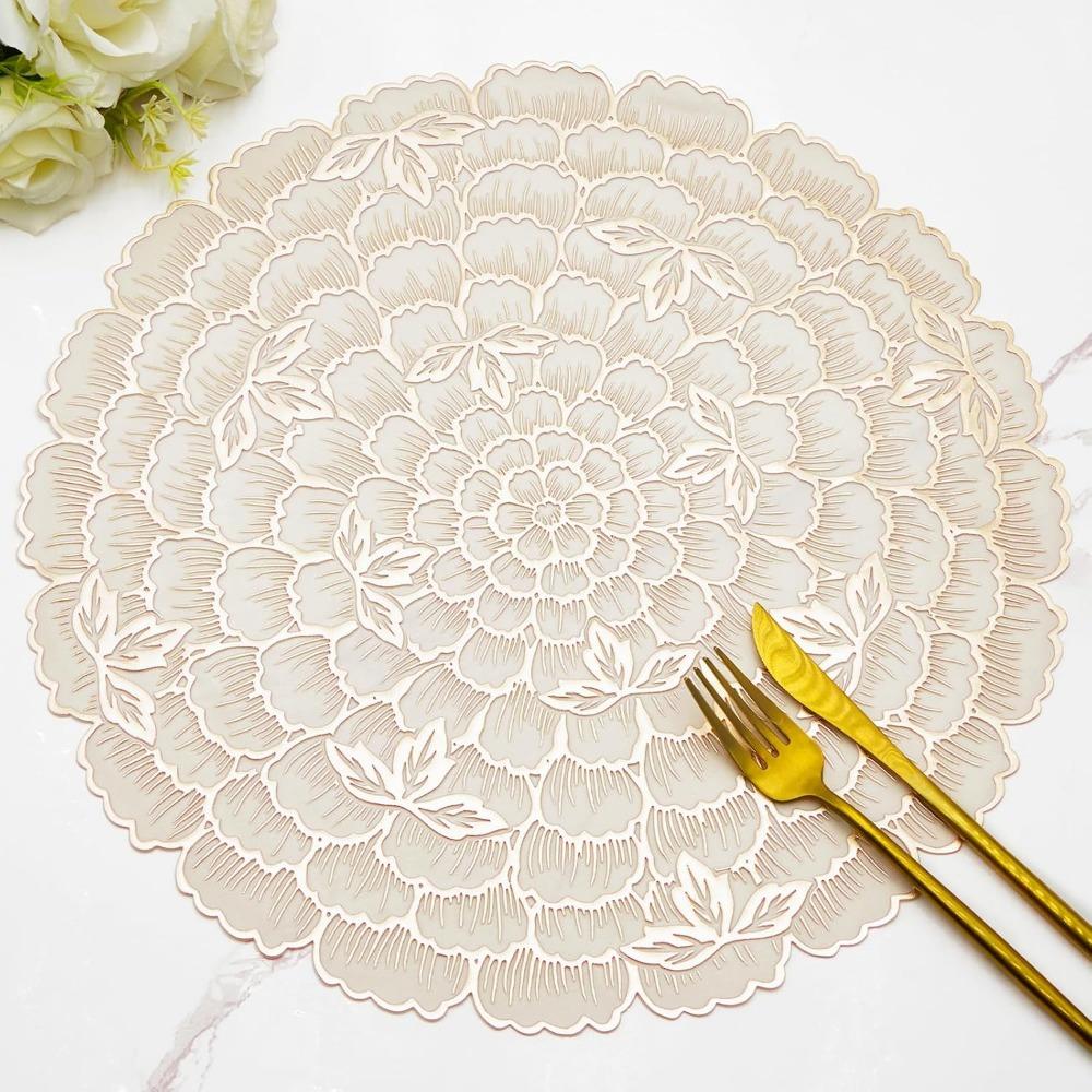 Creative Kitchen Round Placemats PVC Gold Place Mats Washable Flower Leaf Dining Table Mats Party Table Decorative