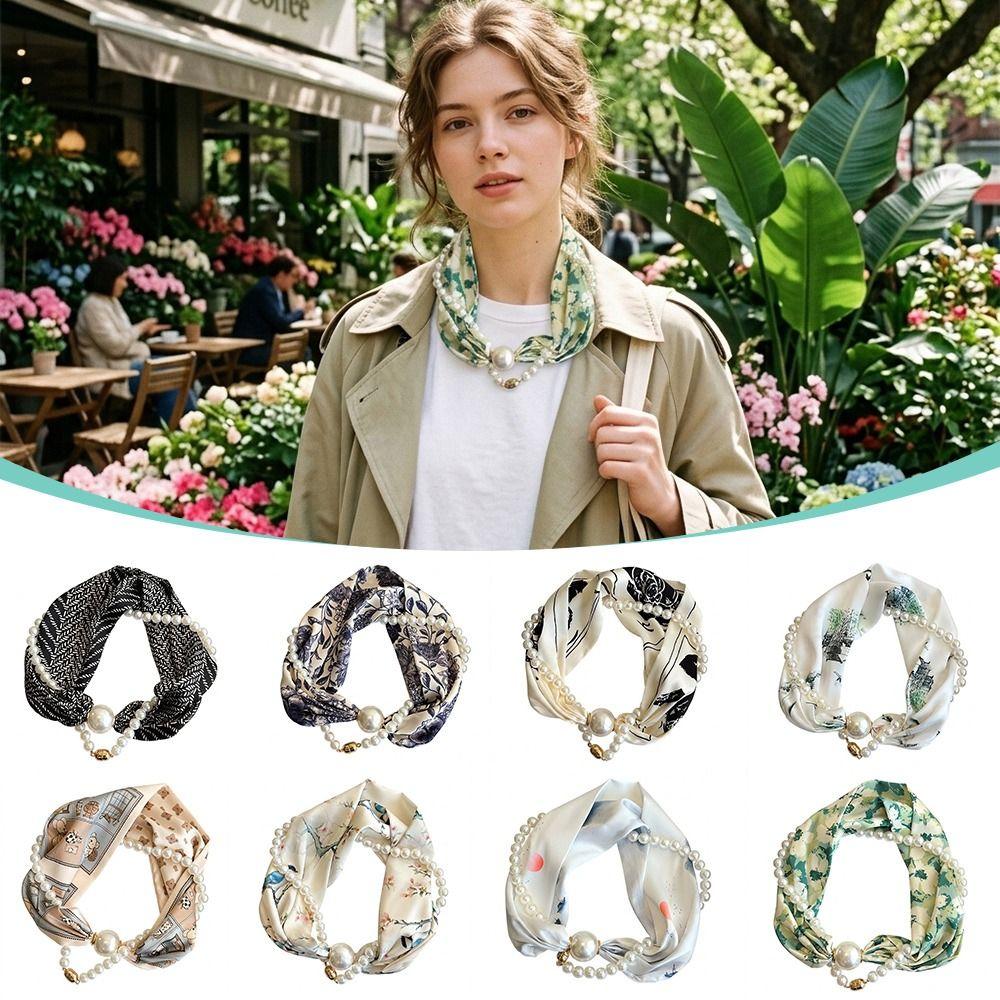 Magnetic Buckle Pearl Magnetic Clasp Scarf Thin Women's Shirt Necklace Elegant Silk Scarf  Women