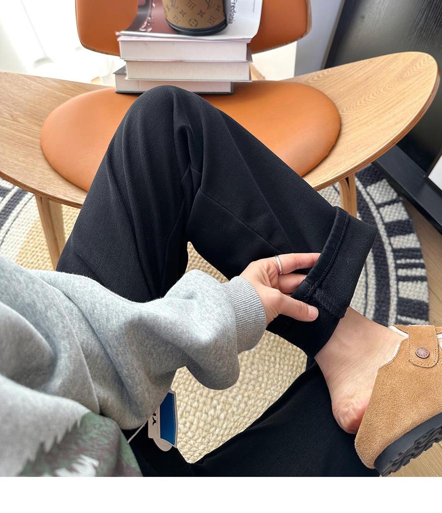 S35 Women's High-Waisted Slimming Wide-Leg Fleece Denim Pants - Black-Gray.