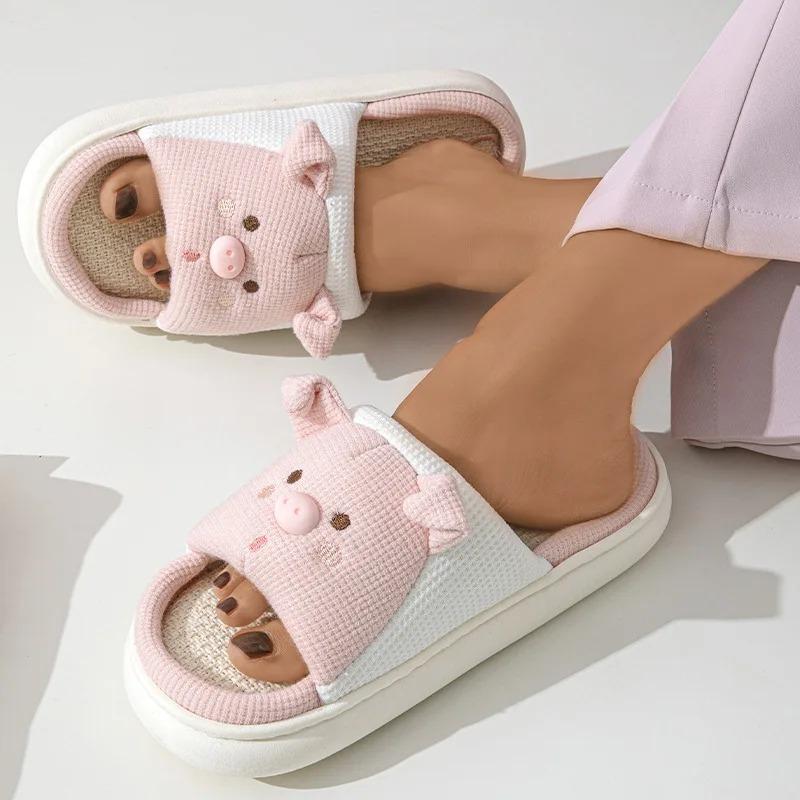 Fashion Linen Platform Slippers Women Home Cute Animal Cartoon Designer Shoes Girls Flats Fashion House Casual Footwear Elegant Big Size