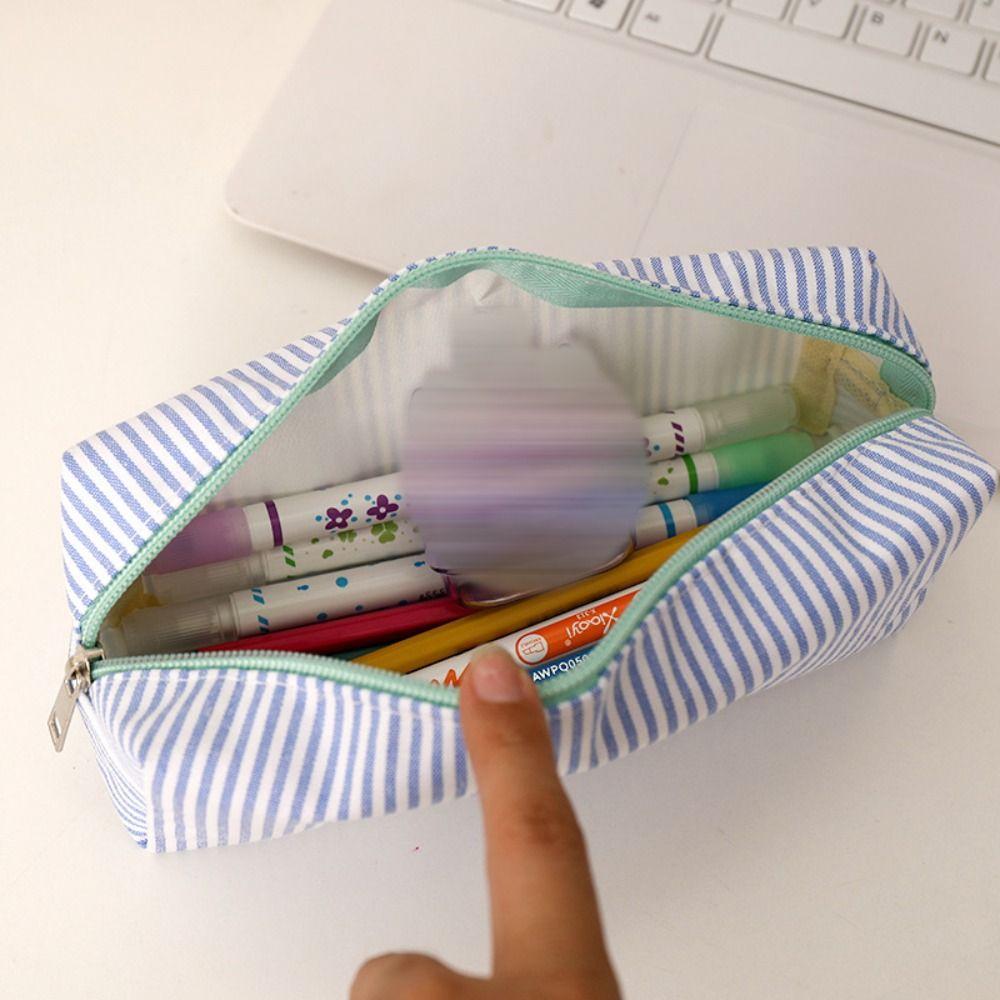 Stripe Design Pen Bag Seersucker Pen Pouch Simple Stationery Organizer  Back to School