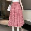 Women Midi Skirt Plaid Print Stitching Design A-Line Skirt Elastic High Waist Retro Style Swing Skirt Daily Wear