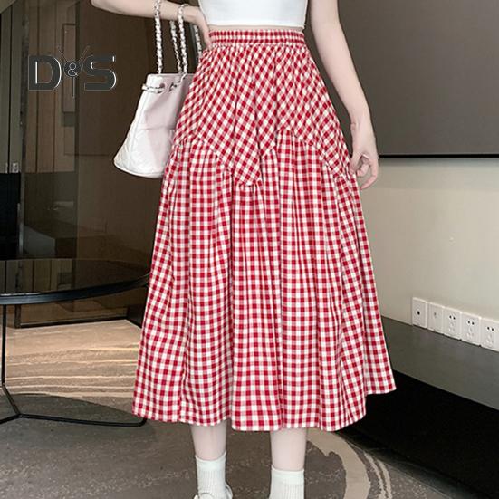 Women Midi Skirt Plaid Print Stitching Design A-Line Skirt Elastic High Waist Retro Style Swing Skirt Daily Wear