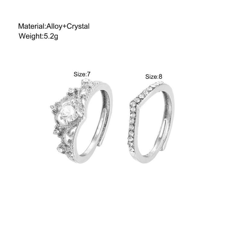2PCS Fairy Sparkling Crown Rings for Women Teen Korean Adjustable Silvery Anniversary Gift Party Queen Ring Set Jewelry