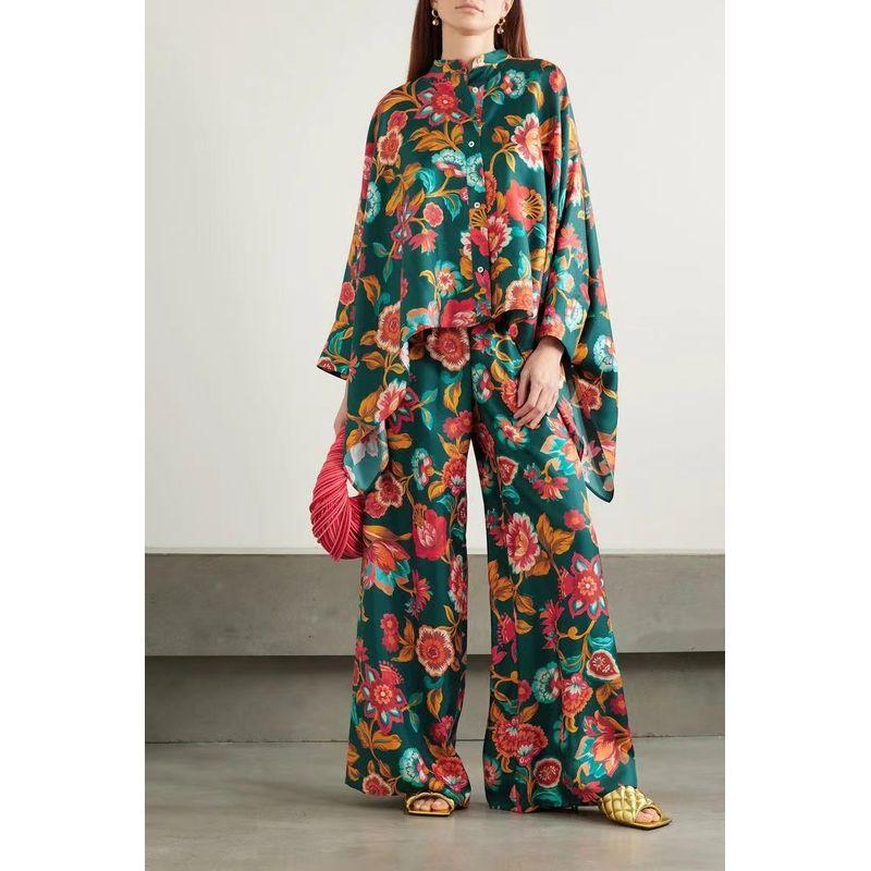 

Spring & Fall Fashion Fashion Women s Stand Collar Print Irregular Shirt Tops Length Loose Pants Suit Two-piece Set Suit Olive green L