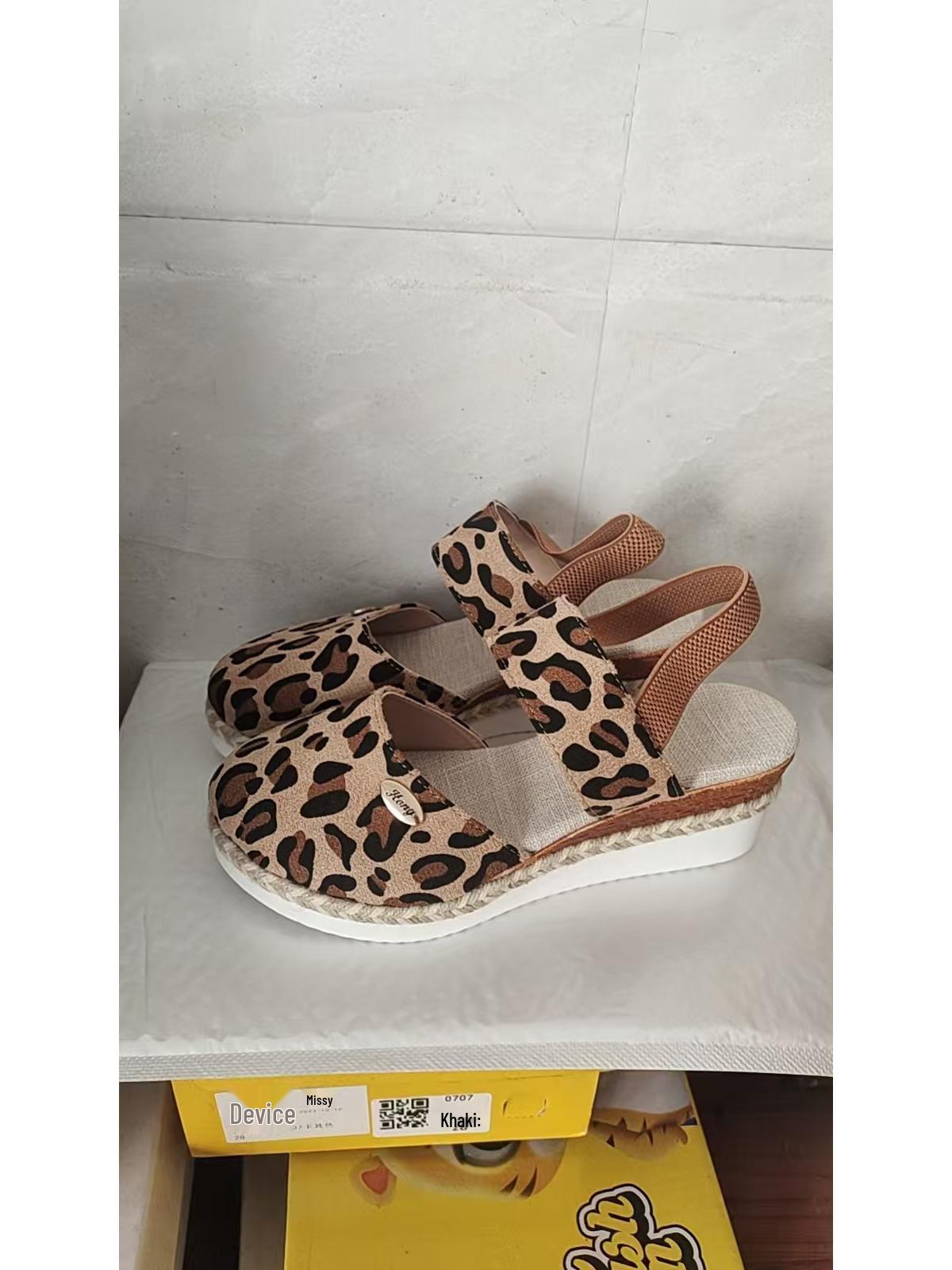 

Трансграничные босоножки на танкетке больших размеров 2025 с открытой спиной: Легкие, Плетеные из веревки, С закрытым носком, С эластичной лентой, С толстой подошвой Женские туфли. 37 цветной печати леопарда